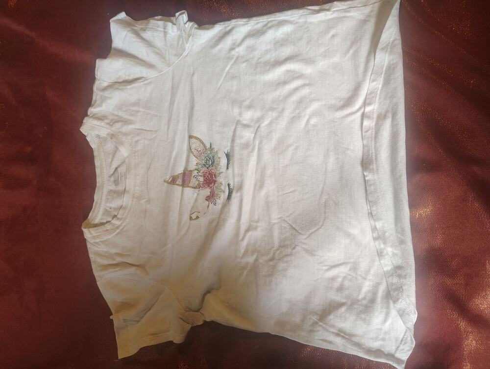 Unicorn Graphic T-Shirt Womens White Short Sleeve Glitter Floral Face Cute Tee
